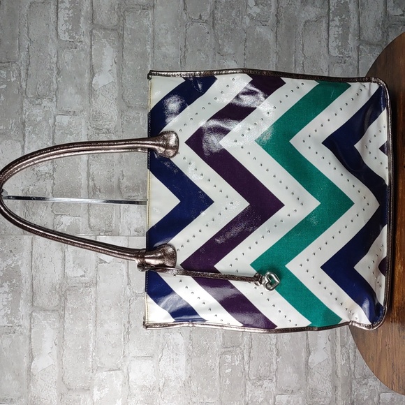 Brighton Chevron Pattern Coated Canvas Tote Bag w/Studs - Picture 2 of 16